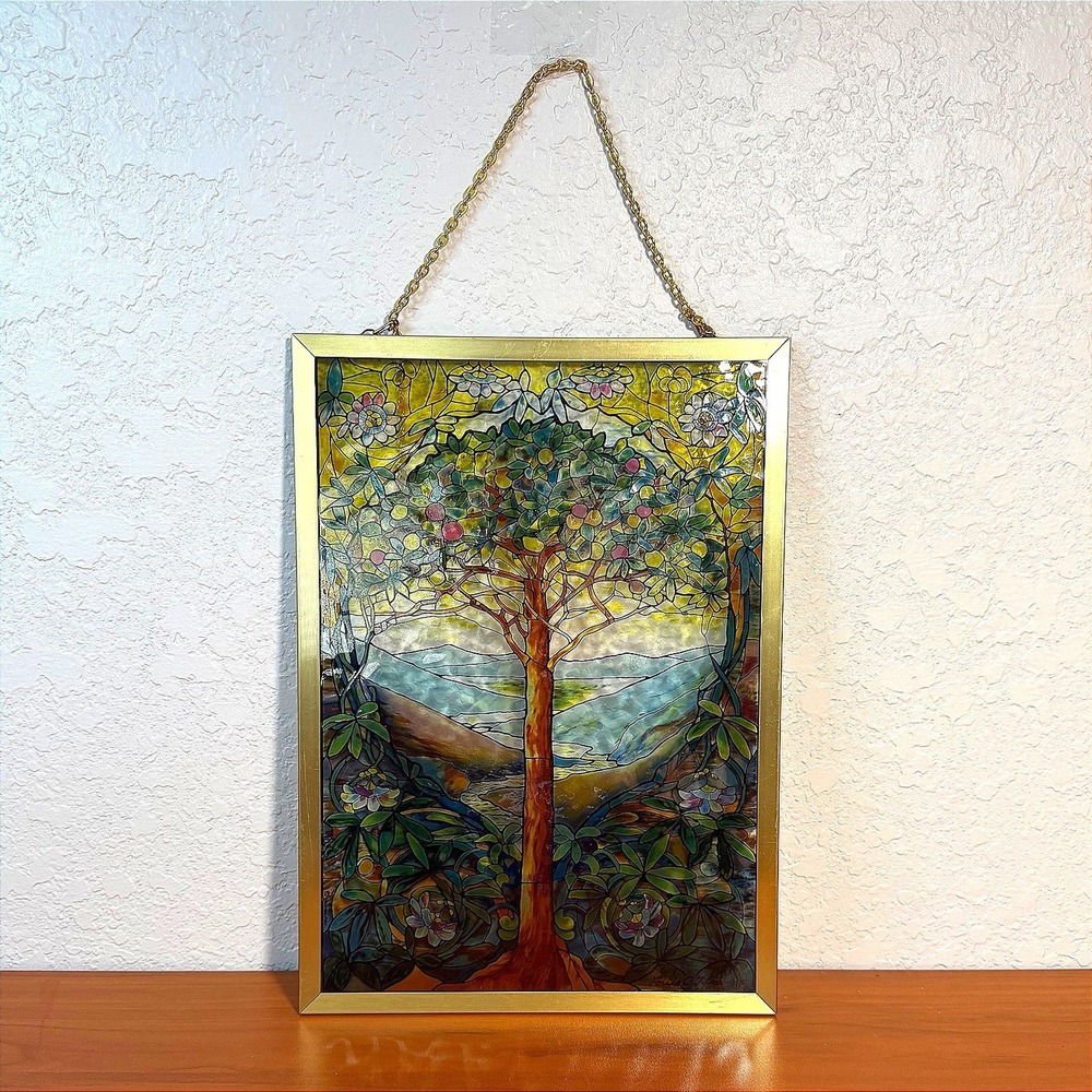 Tree of Life Stained Glass Suncatcher Panel Gold Frame Hanging Wall Art 9x13"